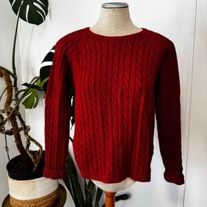 LL Bean Cable Knit Sweater Womens Medium Red Cotton Crewneck Raglan Pullover